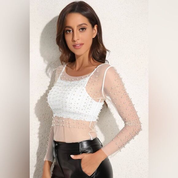 Pearl Rhinestone Long Sleeve Mesh Crop Top - Picture 2 of 4